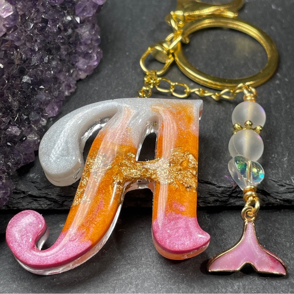 Custom Orange, Pink and Cream Letter “A” Keychain with Gold Accents - Picture 3 of 12
